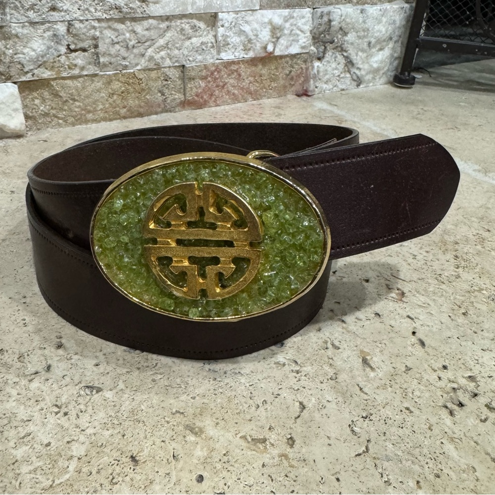Swankybelts Gemstone Goldtone Buckle Brown Leather Belt Adjustable Size  28 / 34
